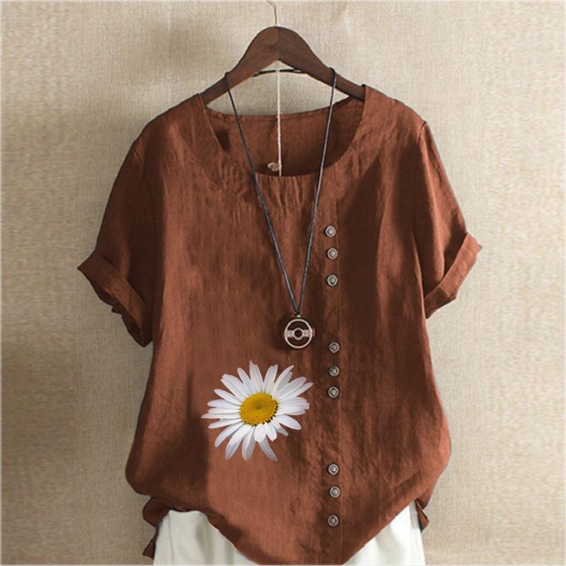 Women's Fashion Round Neck Short Sleeve T-shirt Casual Cotton Linen Graphic Shirt Leisure Loose Flower Prined Summer Blouse Tops