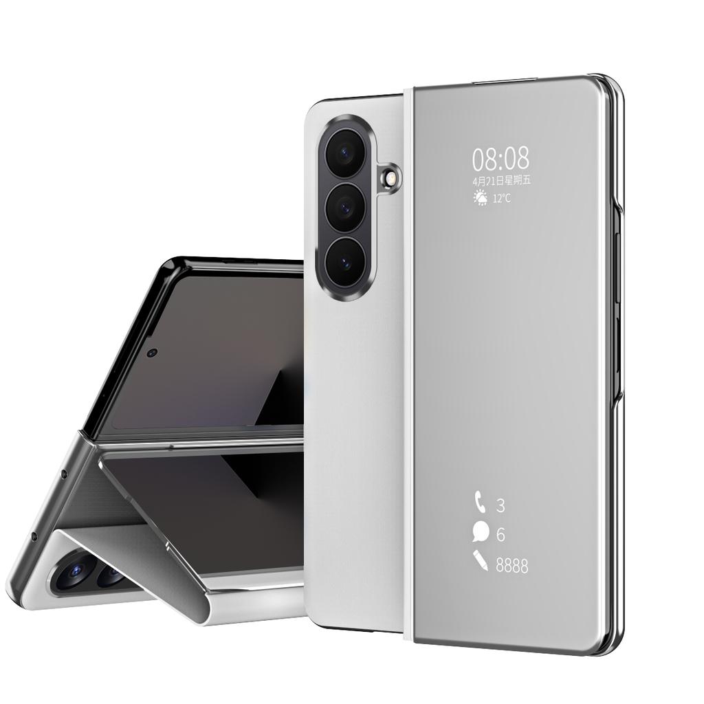 Smart Flip Case For Samsung Galaxy Z Fold 7 8 Fold7 Mirror Plating Plastic PU Leather Kickstand View Shockproof Phone Cover