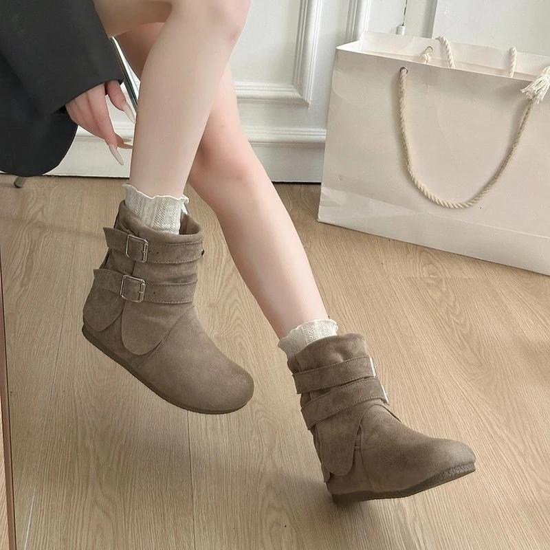 Suede Booties Autumn New Round Toe Sleeve Metal Buckle Non-Slip Wear-Resistant Flats
