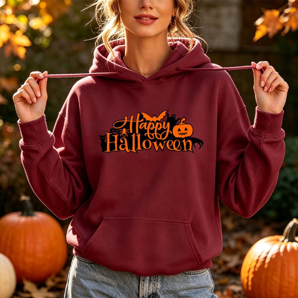 Felice Halloween Felpa con Stampa di Lettere Donna Felpa con Grafica di Zucca e Pipistrello Stagione Spettrale Manica Lunga Tasca Felpa con Cappuccio Top Casual