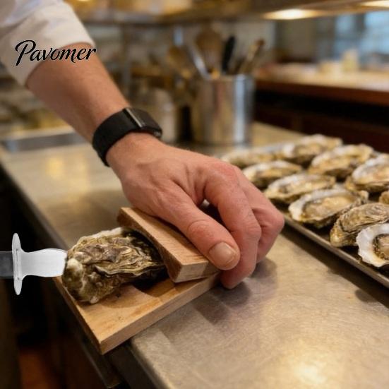 Non Slip Shellfish Shucker Oyster Cutter with Clamp, Stainless Steel Blade And Ergonomic Kitchen Tool for Hard Shells Wood Base Design, Non-slip