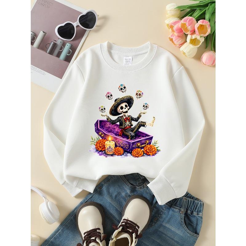 Girls' Long-Sleeve Round Neck Sweatshirt with Printed Design Day of The Dead Skeleton Suitable for Spring And Autumn, Fashionable And Casual