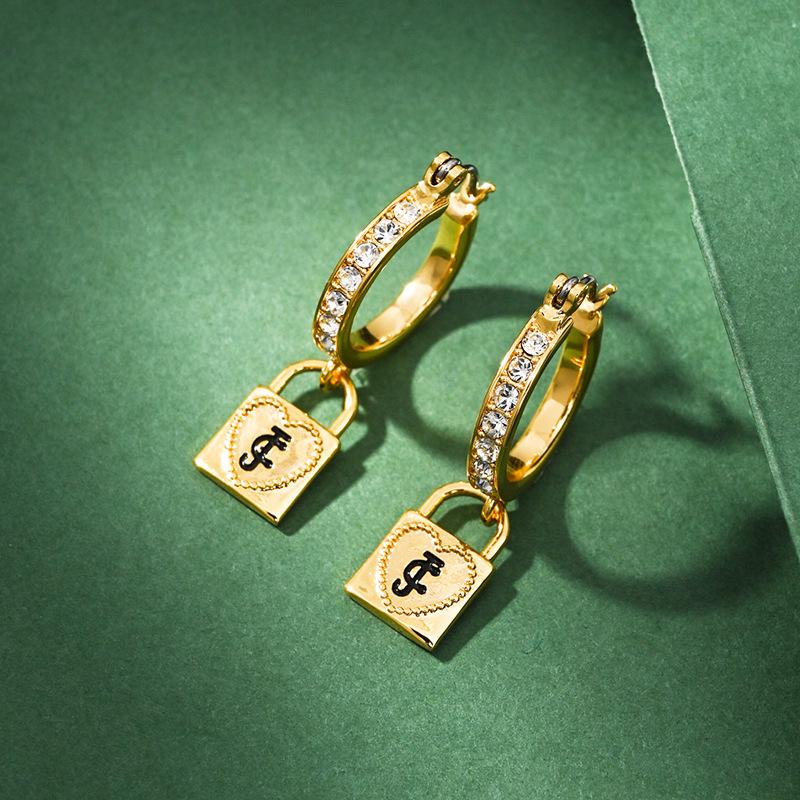 

Elegant Rhinestone Heart Lock Earrings with Letter Charm - Cold Aesthetic Jewelry for Women