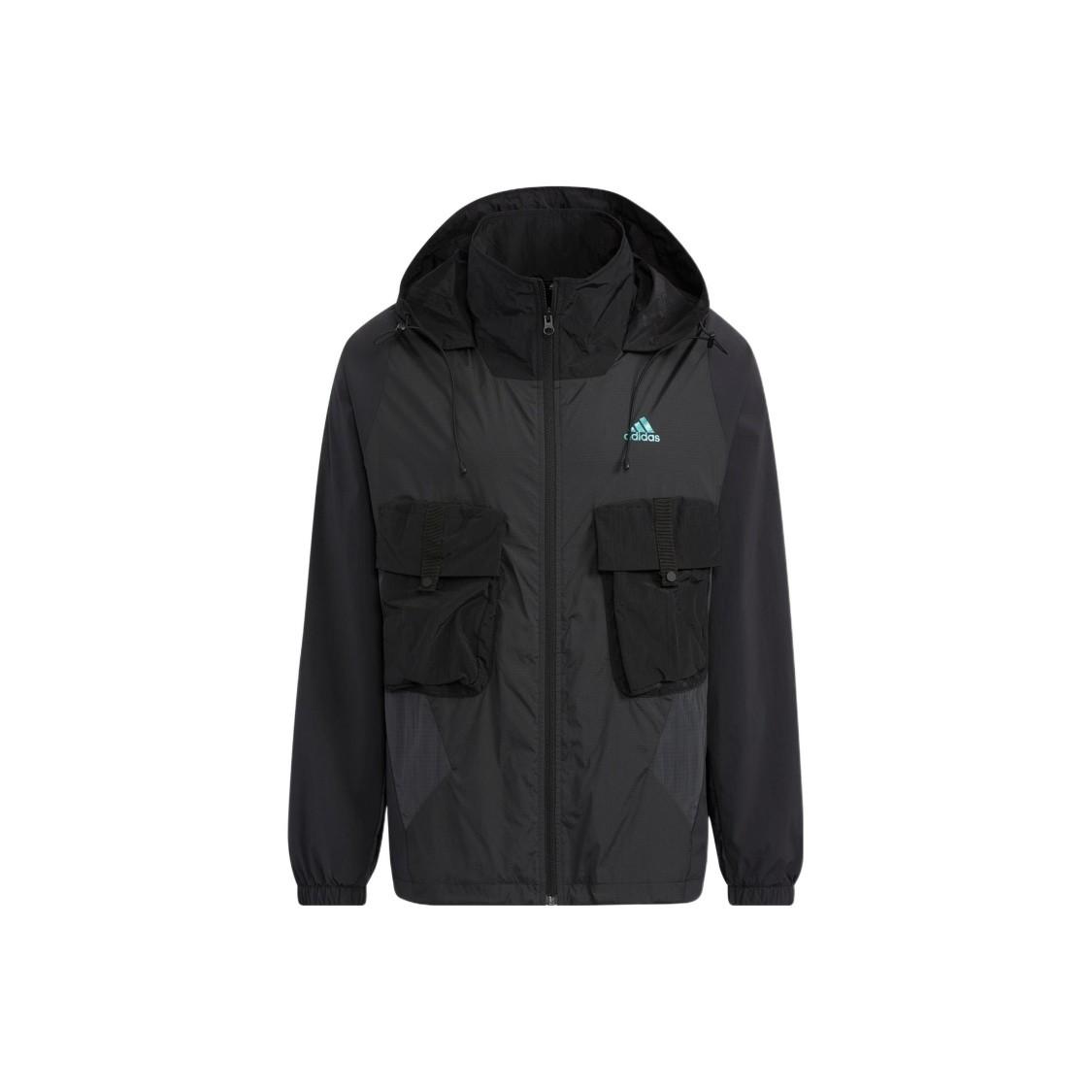 adidas Printed Logo Zip-Up Sports Fitness Multi-Pocket Jacket Men’s Black XL