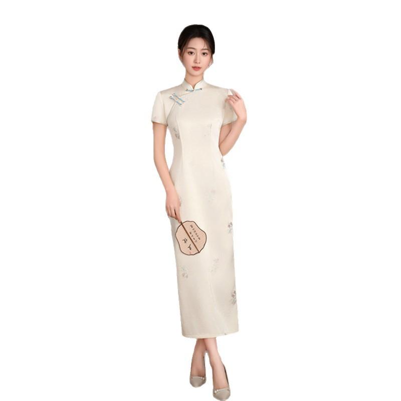 White retro Chinese style imitation acetic acid scratching flower long cheongsam women's spring and summer new pure and elegant young