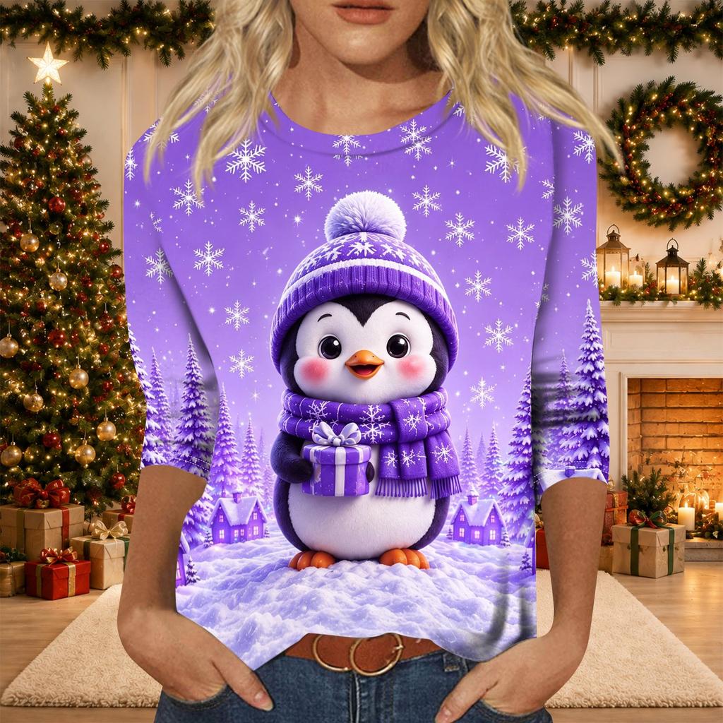 Women's Casual 3/4 Sleeve Neck Christmas Print Top with Festive Holiday Design