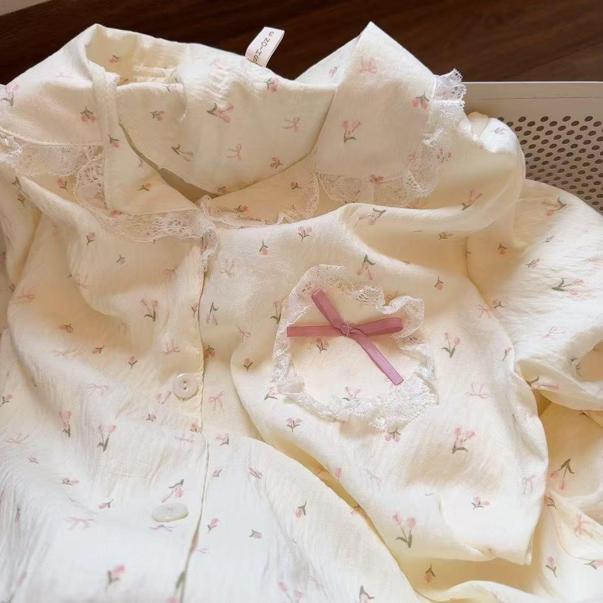 

Весна и осень Новые женские пижамы, комплект домашней одежды для девочек, студентов, хлопковые милые кружевные длинные брюки с длинными рукавами, комплект домашней одежды L