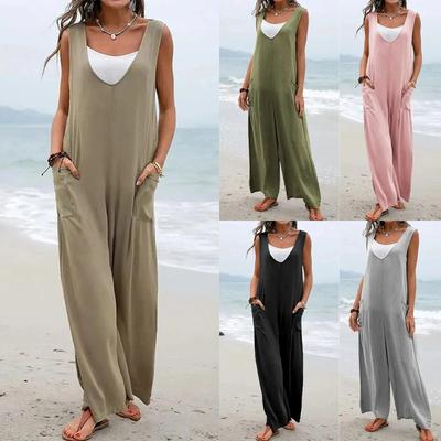 Summer Women’s Solid Thin Jumpsuits One Piece V-neck Sleeveless Jumpsuits with Pockets Casual Loose Breathable Vacation Wide Leg Long Pant Rompers