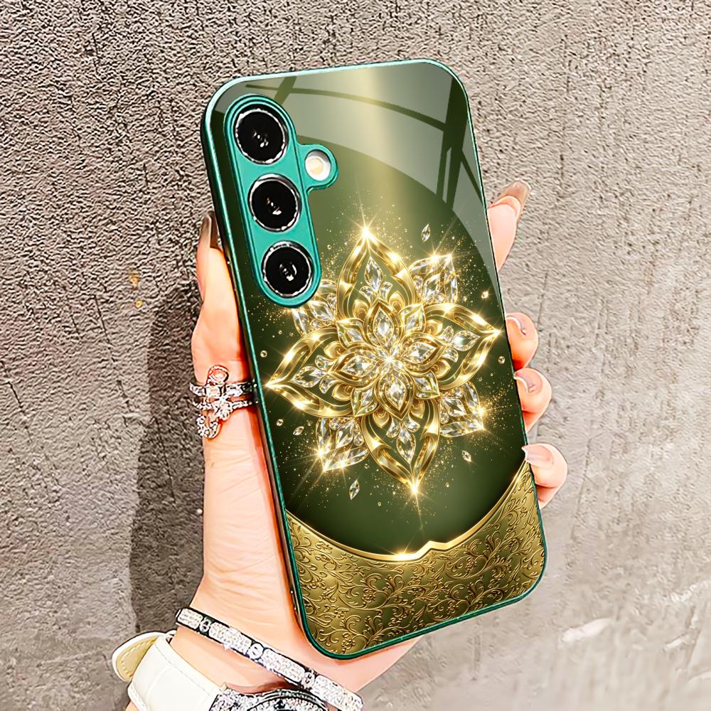 Golden-green crystal flower phone case glass s26 ultra case s25 ultra case for Samsung Galaxy S26 S25 S24 S23 S22 FE Ultra Plus GalaxyS25
