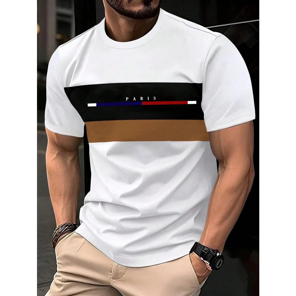Simple Casual Printed Striped Men's T-Shirt Fashionable Street Men's Summer Top Short Sleeved Loose Oversized T-Shirt