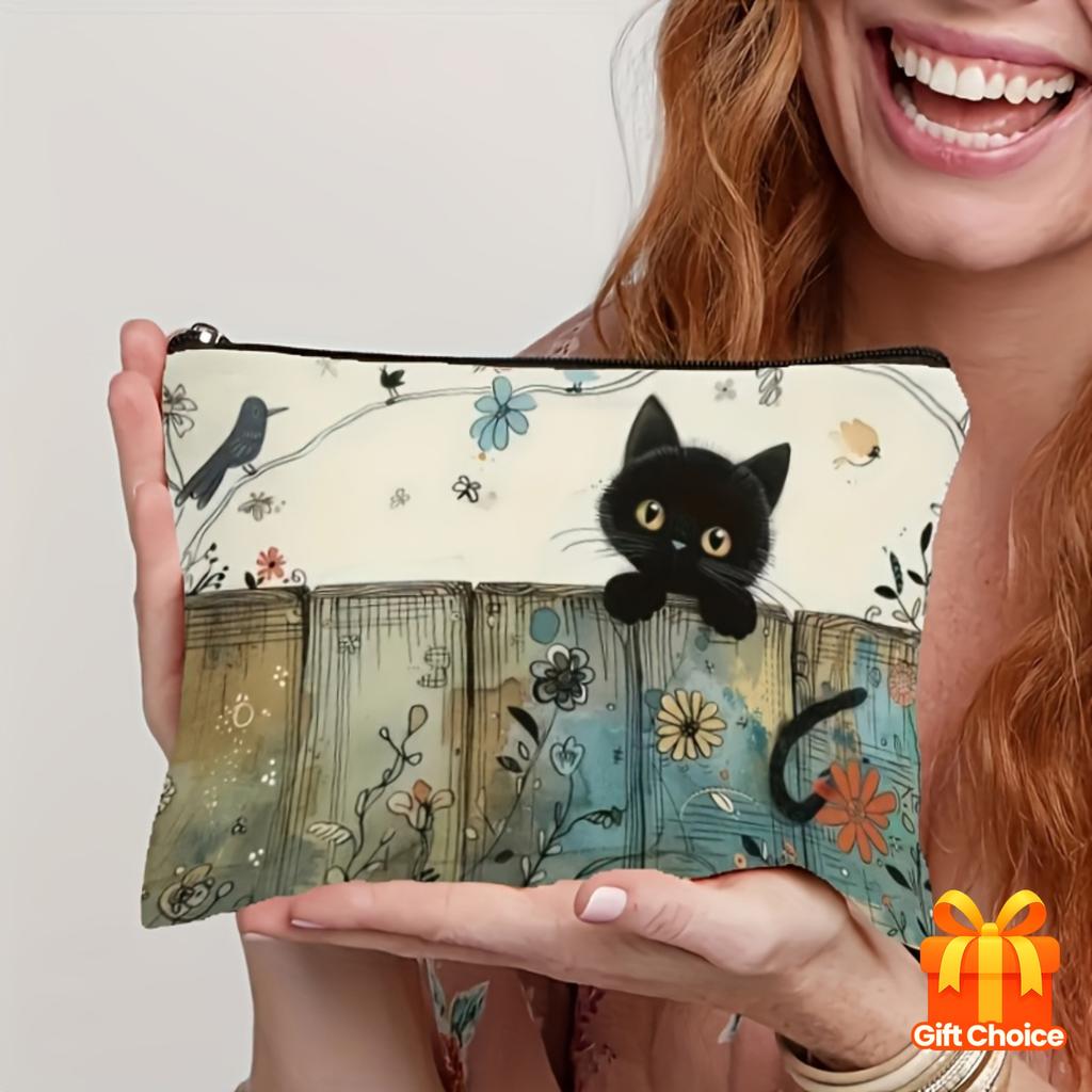 Adorable Black Cat Floral Paw Storage Pouch, 2-in-1 Makeup Bag & Pencil Case for Women & Students, Washable Zippered Organizer