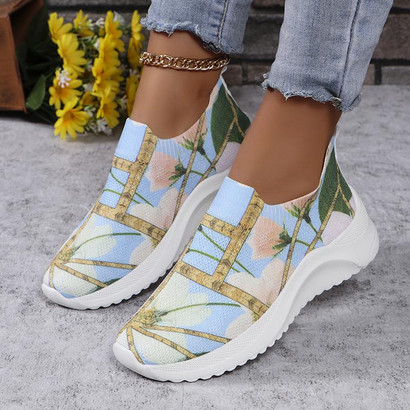 Fashion Lightweight Printed Slip On Flats Shoes Women Comfort Breathable Mesh Platform Sneakers Woman Plus Size Knitted Walking Shoes