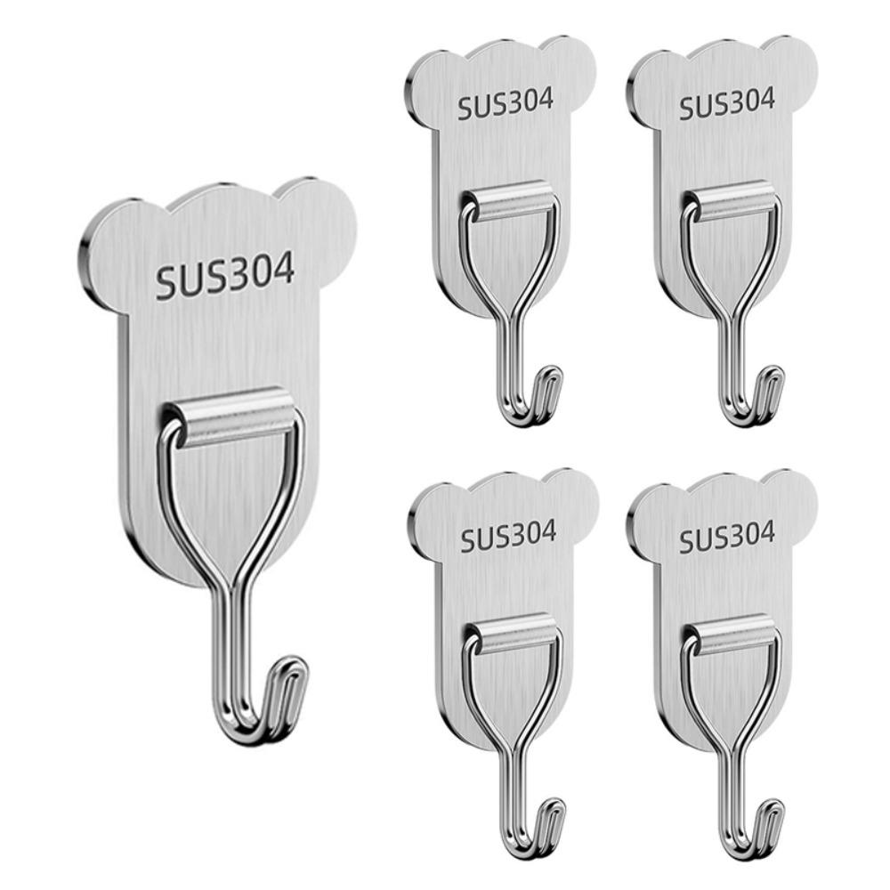 5/8PCS Bear Shape Sticky Hook Stainless Steel Door Behind Hook Self-adhesive Hook  Bathroom Kitchen