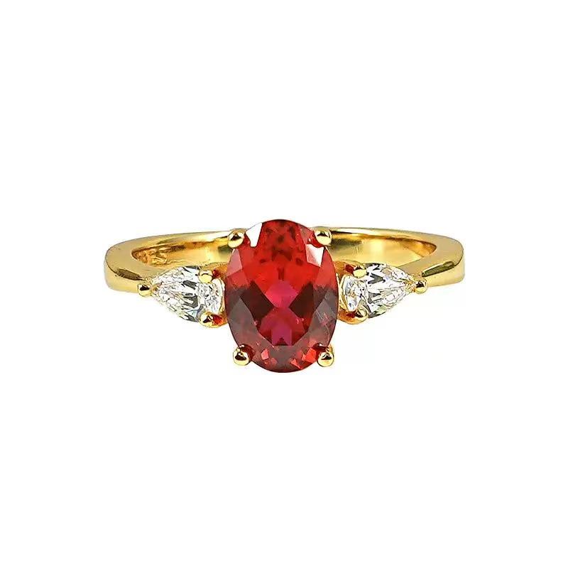 Gold-Plated Simulated Ruby Three-Stone Diamond Ring 
