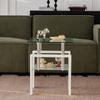 2 Pieces White Tempered Clear Glass End Table, 2-Layers Small Table with Storage, Living Room Side Table