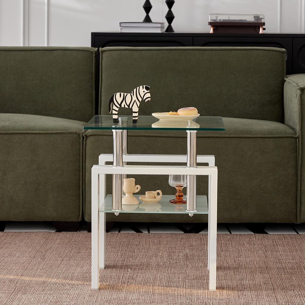 2 Pieces White Tempered Clear Glass End Table, 2-Layers Small Table with Storage, Living Room Side Table