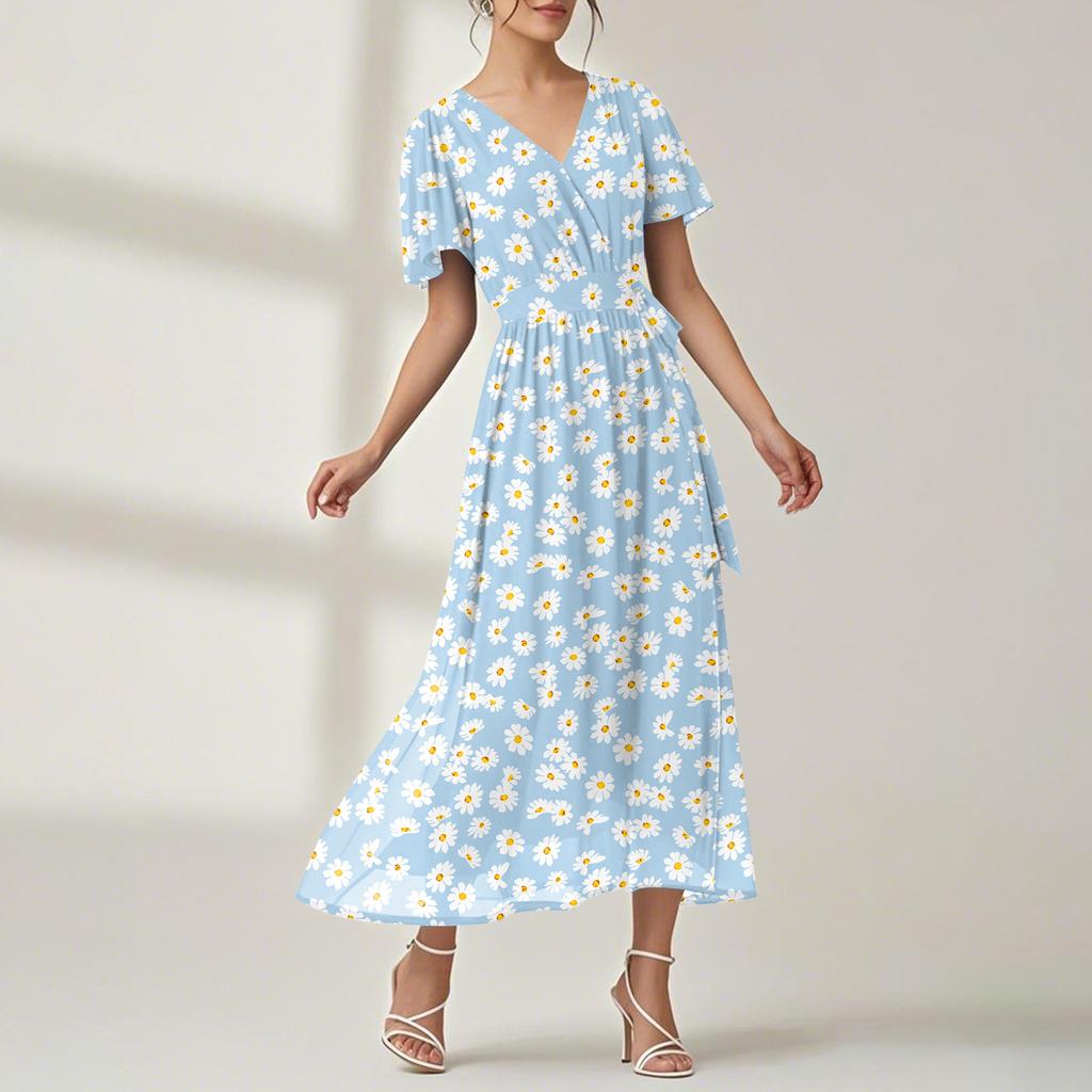 Women's Summer Floral Bohemian Dress Wrap V Neck Short Sleeves Ruffle A-Line Flowy Maxi Dress Summer Dresses For Women