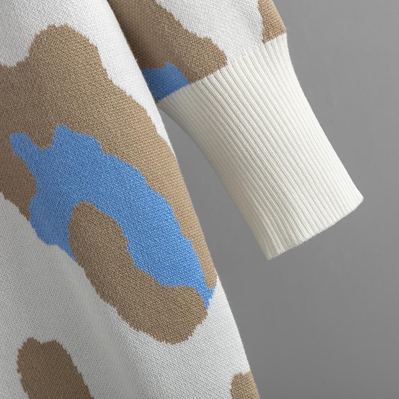 Høst Vinter Kvinner Lang Høy Krage Bunn Strikke Kjole Leopard Print