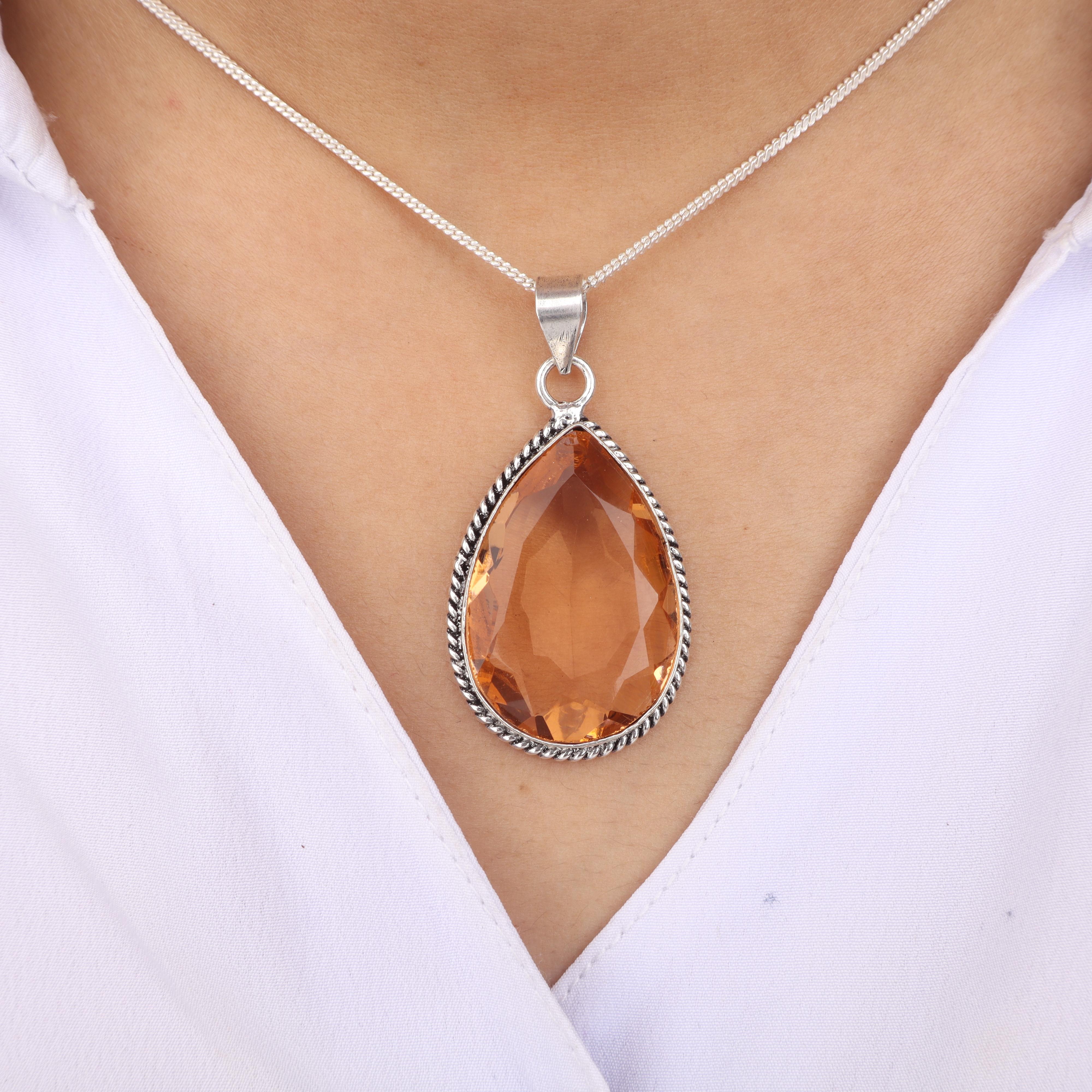 

Champagne Quartz Gemstone Silver Women Pendant 1.8 , 925 Sterling Silver Jewelry, Orange Color Stone Pendant For Love PP-65-12