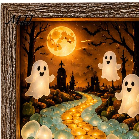 Desktop Mantel Decor Halloween Shadow Box Frame DIY Lighted Craft Kit, Wooden Night Light with Kit for Adults Sea Glass Stones, Gothic LED Memory