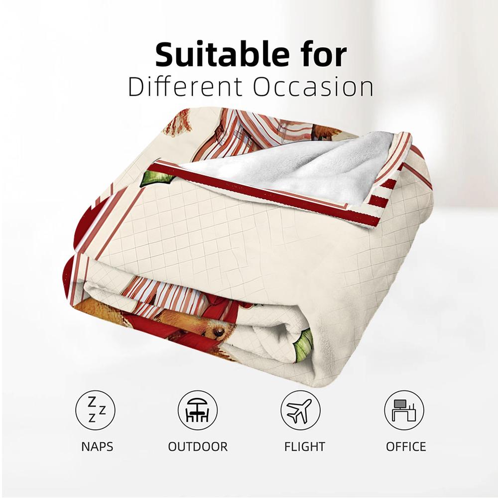 Vintage Stripe Xmas Bear Cartoon Anime Print Flannel Blanket Soft Warm Throw for Kids Bedroom Sofa Christmas Office Car