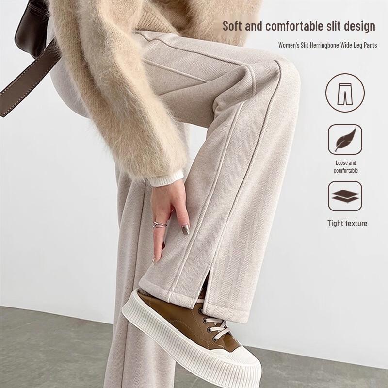 Baleno Women's Flowy Herringbone Slit Wide-Leg Trousers