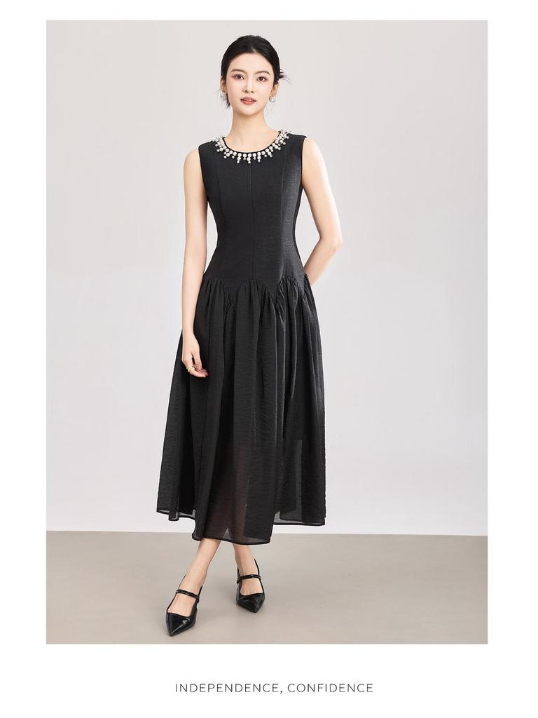 High-Quality Beaded Tencel Crepe Waist-Cinched French Aristocratic Style Tea Party Dress for Women