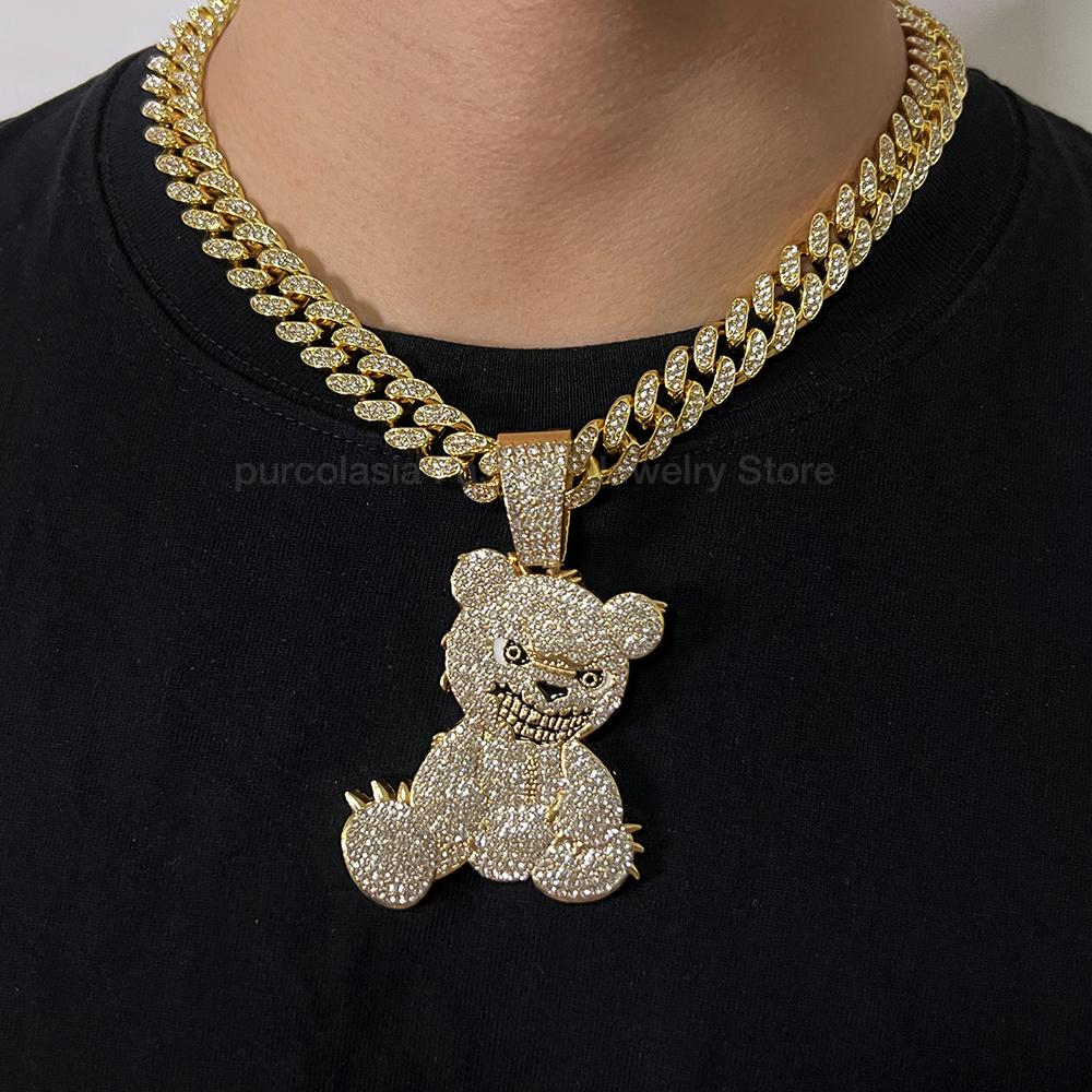 Hip Hop Aggressive Bear Pendant Iced Out Rhinestones Necklace for Men Women Accessories Iced Out