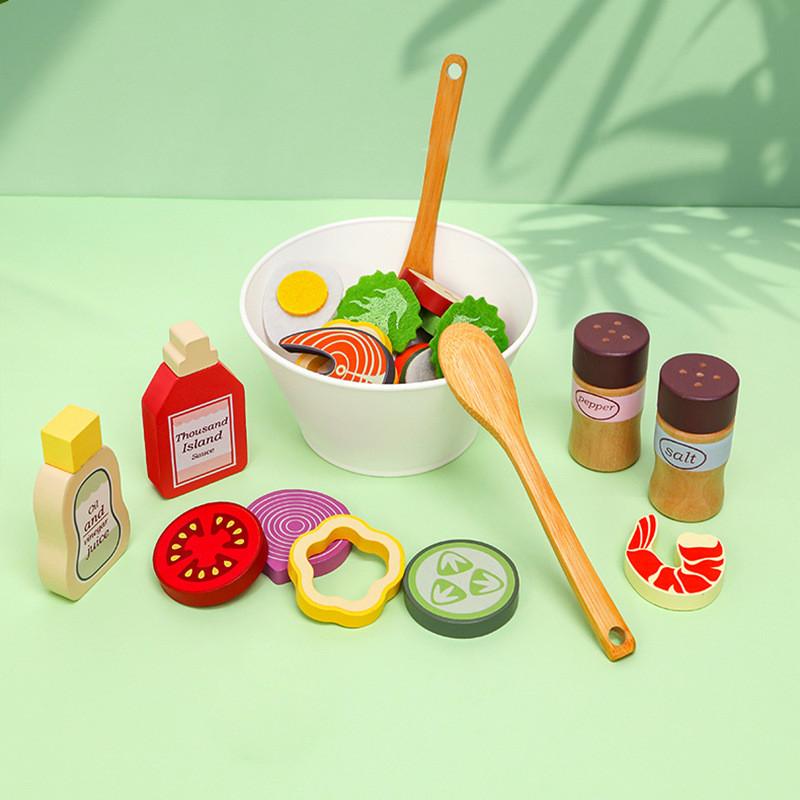 Fun Wooden Simulation Vegetable And Fruit Seasoning Salad Ingredient Set Toy