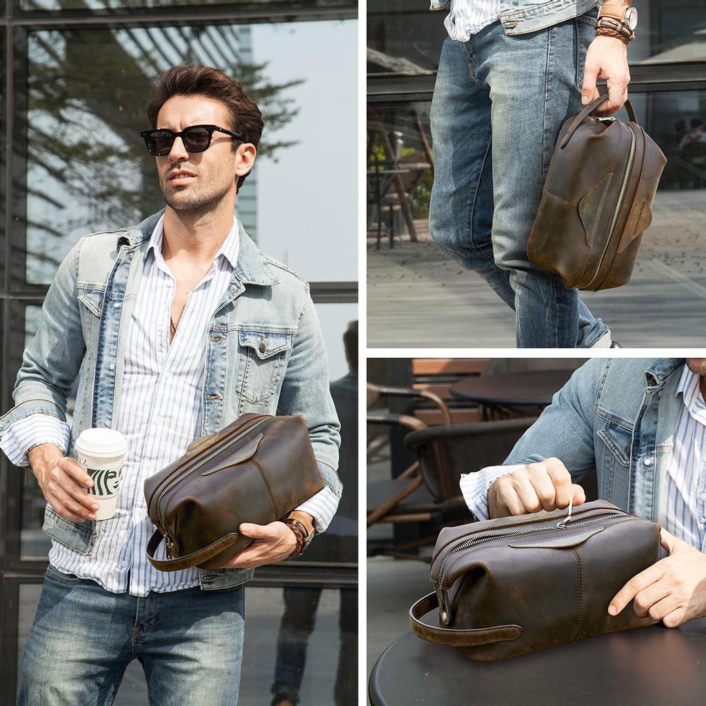 CONTACT'S Crazy Horse - Bolsa de viaje de piel auténtica para hombre, neceser, neceser para hombre