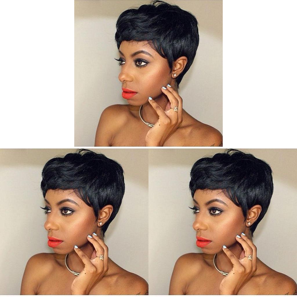 Elegant Pixie Cut Synthetic Wigs Short Hair Straight Black Wigs With Bangs For Women