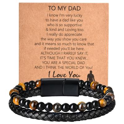 Vnox Tiger Eye Stone Bracelet Men, Blue Black Beads Bracelets, Black Braided Leather Bangle Gift for Dad Fathers Day