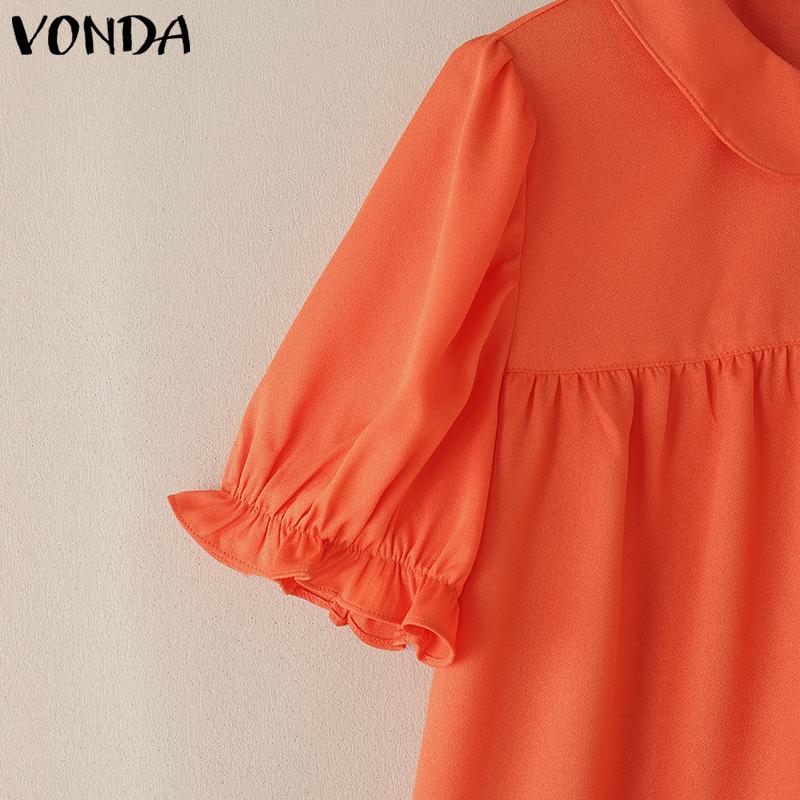 VONDA Women Lapel Neck Blouse Short Sleeve Ruffled Casual Summer Tops