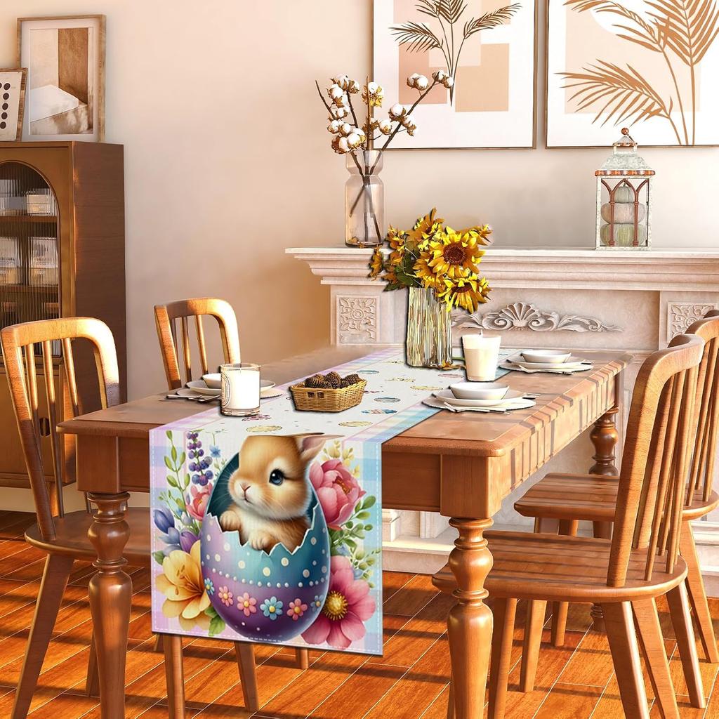 Happy Easter Table Runner Bunny Rabbit Watercolor Easter Eggs Flower Tablecloth Easter Spring Summer Party Decorations and Supplies for Home Kitchen