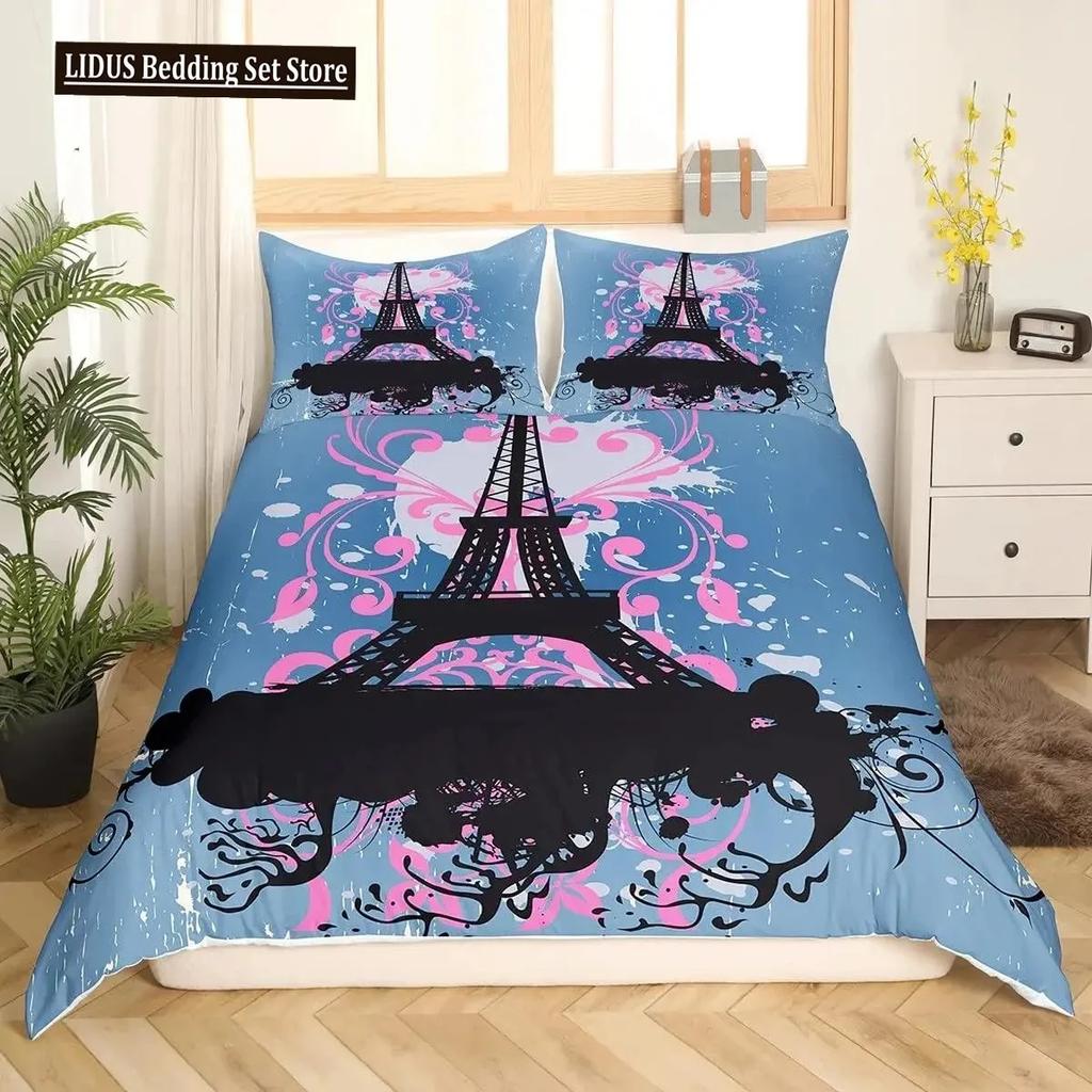 Comforter Valentine Day King Queen Paris Eiffel Tower Bedding Set Pink Watercolor Tulips Flowers Balloon Polyester