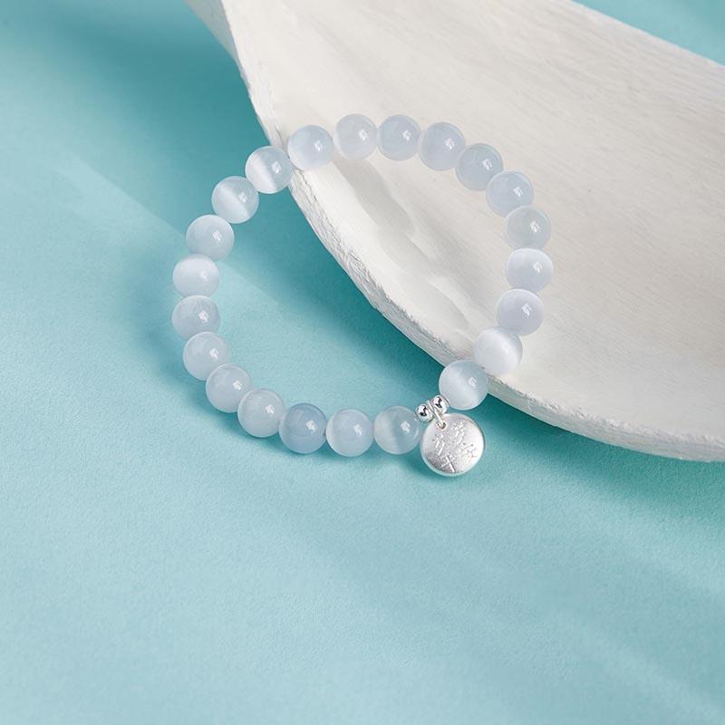 8mm White Cat's Eye Stone Elastic Bracelet for Girls Simple round Bead Jewelry Gift for Women