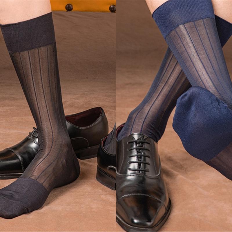 Mens Business Soft Breathable Nylon Sheer Dress Socks Thin See Through Silk Ribs Striped Calf Socks for Formal Use