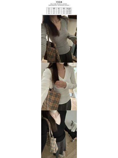Solid Color V-Neck Long Sleeve Slim Fit T-Shirt for Women - Early Autumn Basic Layer Top