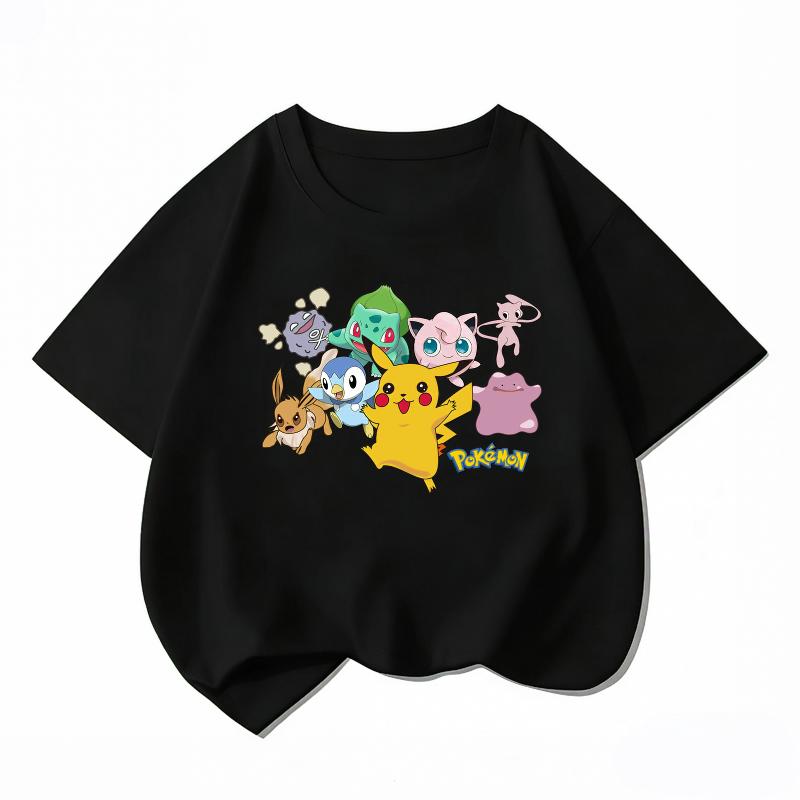 2026 Summer New Kids Pure Cotton Tshirt Pikachu Cartoon Printed Short Sleeve Unisex Boys Girls Casual Round Neck Tee 100