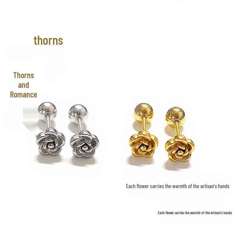 French Camellia 3D Rose Stud Earrings for Women - Titanium Steel Cartilage Screw Earrings