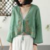 Women's 2024 Spring/Autumn Cotton Linen Retro Embroidered Blouse - Sunscreen Shawl Dress Shirt with Lace-Up Detailing.