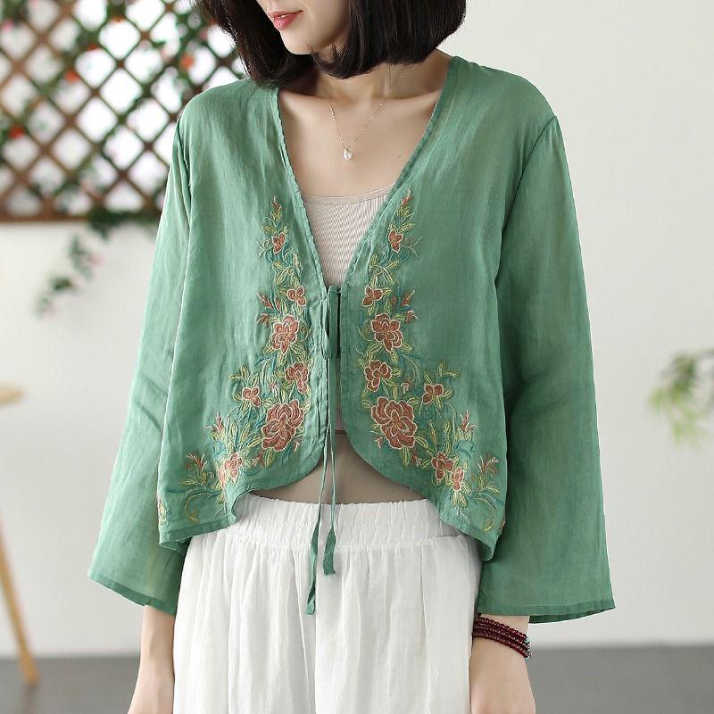 Women's 2024 Spring/Autumn Cotton Linen Retro Embroidered Blouse - Sunscreen Shawl Dress Shirt with Lace-Up Detailing.