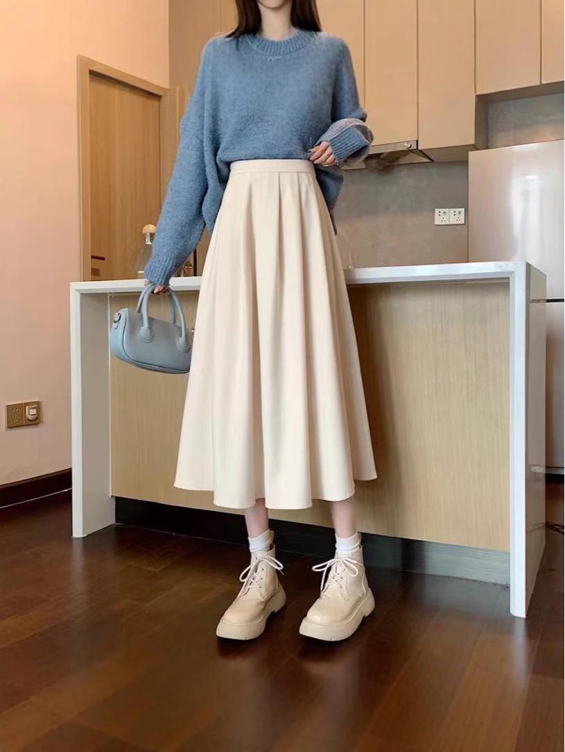 

Plus Size High Waist Apricot A-line Midi Skirt for Women - Pleated Draped Design, 2024 Spring/Autumn Collection S чёрный
