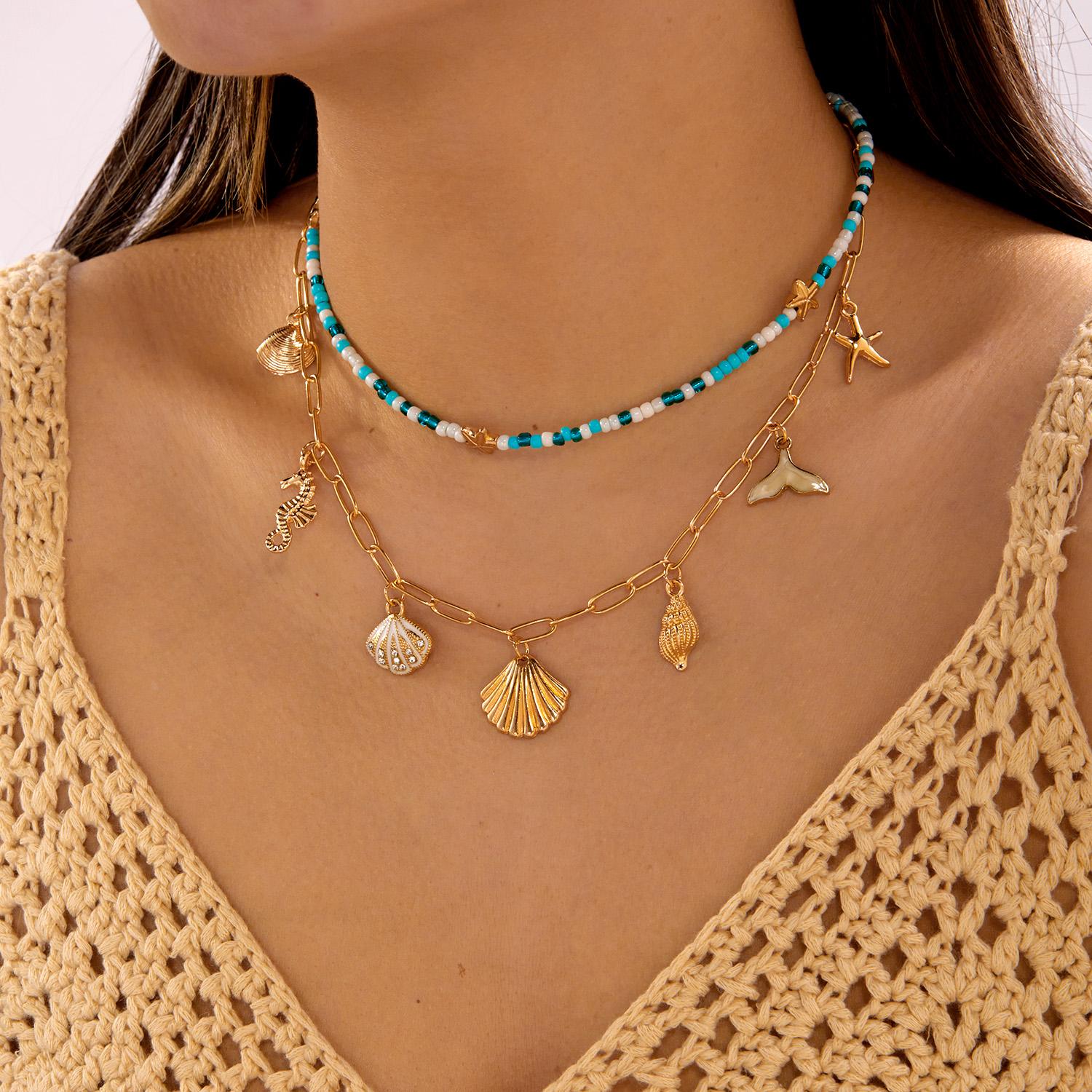 

Bohemian Multilayer Pink Starfish Fishtail Pendant Necklace for Women Clay Beads Imitation Pearl Choker Beach Vacation Jewelry