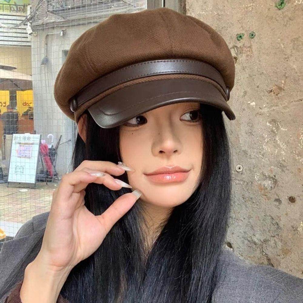 Autumn Winter Women's Beret Retro Style Painter Hat Fashion Pu Leather Beret  Lady