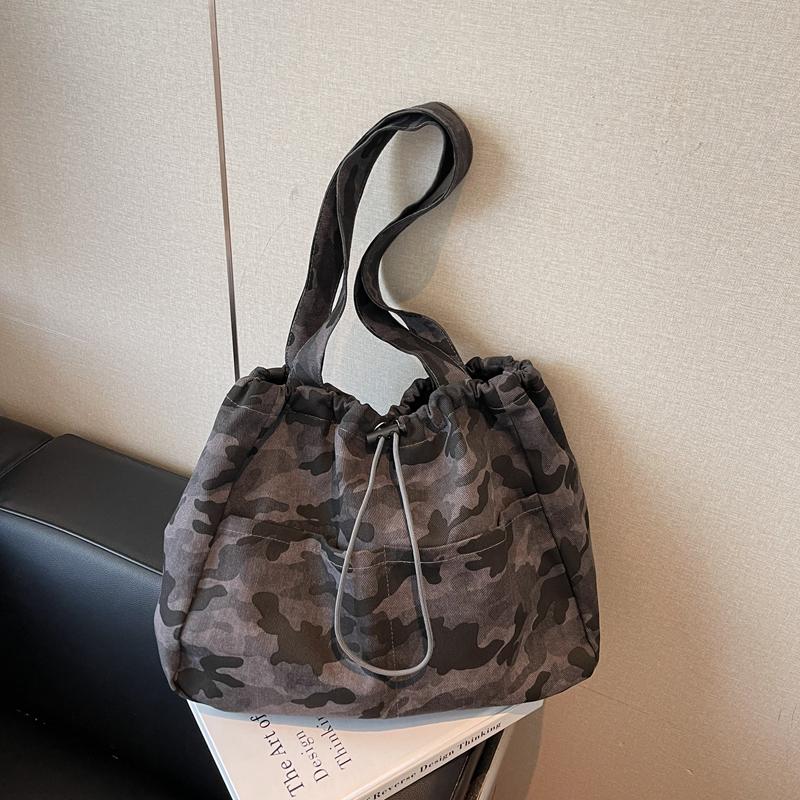 

Camouflage Canvas Tote Bags For Women High Quality Drawstring Bucket Shoulder Bag Multi-pocket Large Capacity Shopper Totes 2026 40x31x15cm