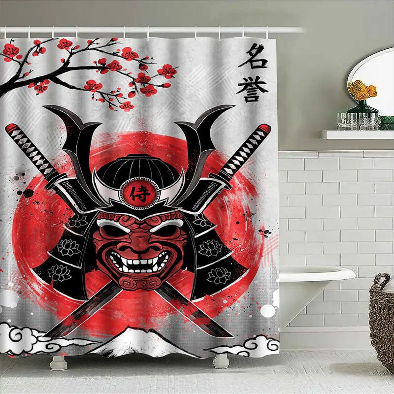 Red Samurai Shield Wall Hanging Shower Curtain Decorative Anime Anime Bath Mat Waterproof Bathroom Liner