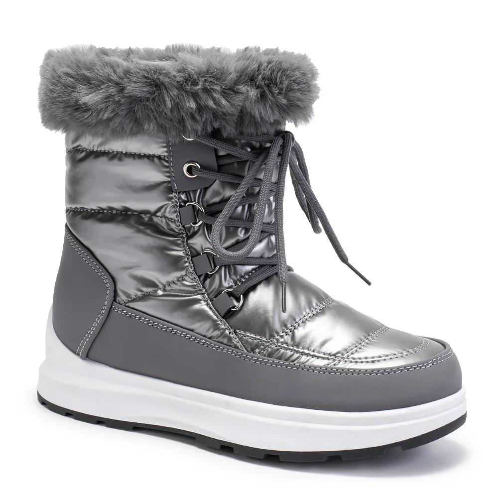 Sapatos de trabalho prateados para mulheres, botas de neve femininas brancas, cano médio, cadarço com cadarço, plataforma protetora antiderrapante