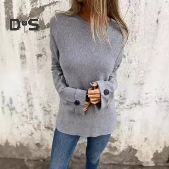 Dámské tričko s kulatým výstřihem Raglán s dlouhým rukávem Knoflíky Manžety Tričko Jednobarevné Volný střih Ležérní pulovry Denní nošení