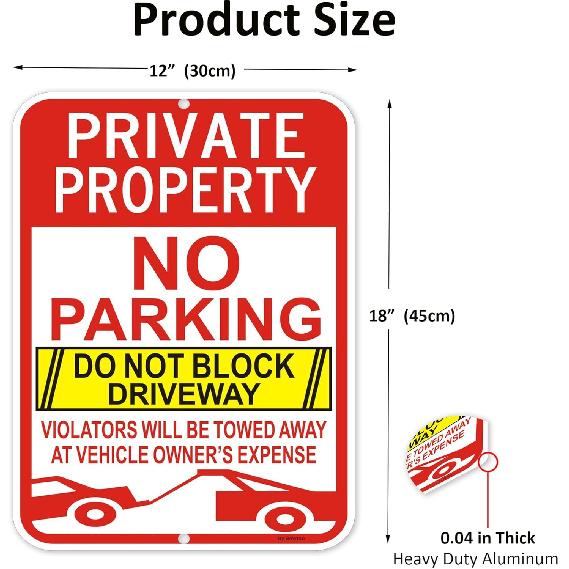 2 Pack Large No Parking Sign, Private Property Sign, Do Not Block Driveway Sign,Violators Will Be Towed Away at Vehicle Owner's Expense, 18" x 12"